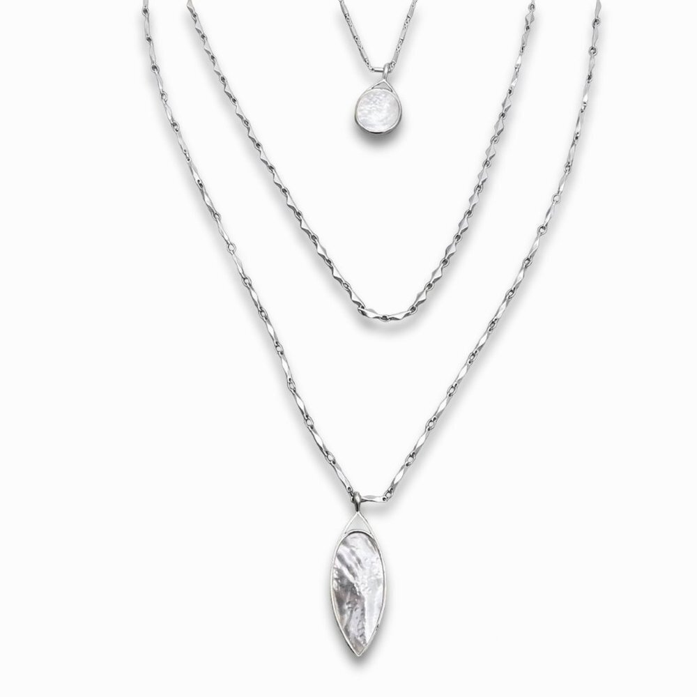 Stella & Dot 3-In-1 Necklace Reversible Pendants Mother-Of-Pearl Silver Tone